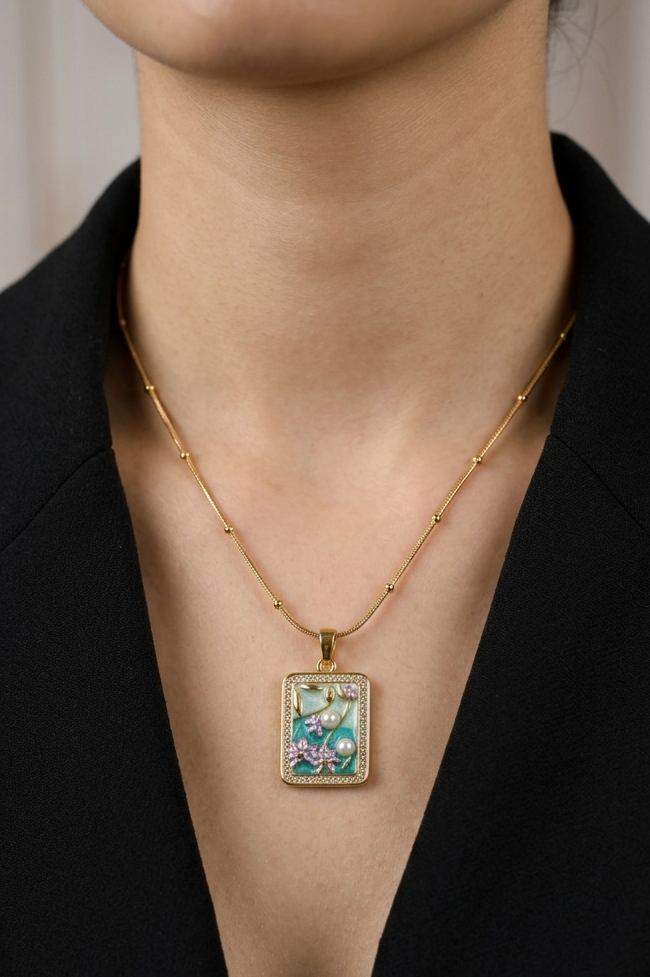 Elegant Gold Plated Floral Enamel Pendant