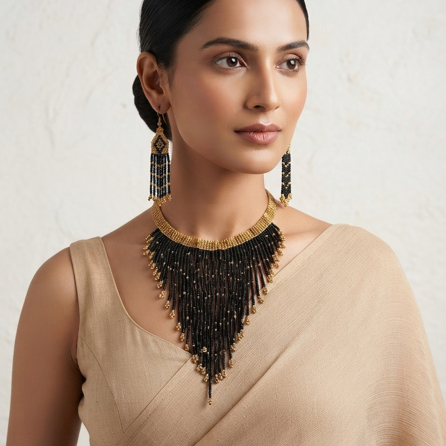 Black Golden Beaded Collar Choker Set
