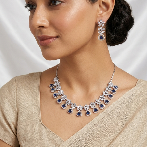 Meraki Beautiful Floral Design AD Necklace Set