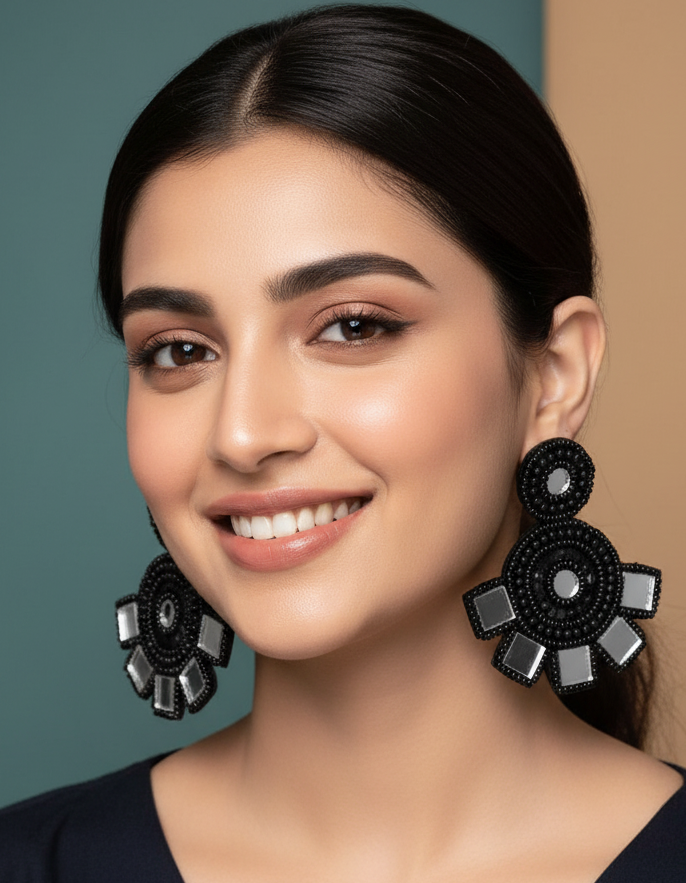 Black Beads Earrings With Mirror Work