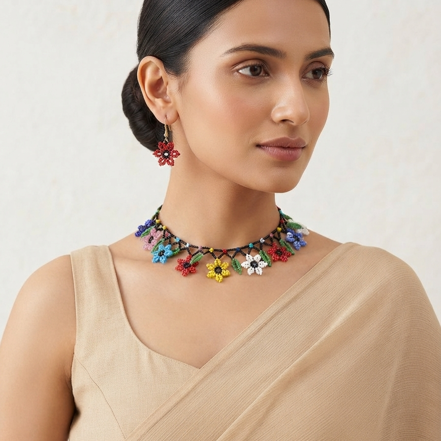 Handwoven Flower Beaded Necklace
