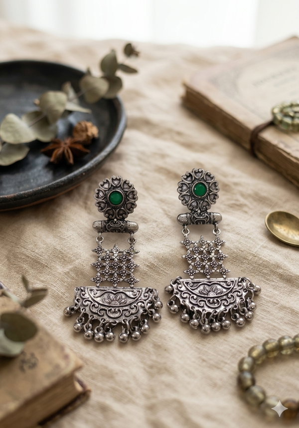 Long Traditional Oxidized Hanging Earrings
